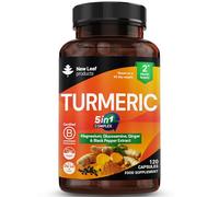 New Leaf Turmeric & Black Pepper Capsules 5000mg - 5in1 Complex, Ginger | Enriched with Magnesium & Glucosamine, 95% Curcumin, High Strength, 120 Capsules, Made in UK