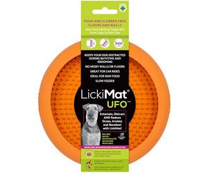 New LickiMat UFO - Bathing, Shower & Grooming Distractor. Natural Rubber Large Soother Licking Nubs soft and runny treats. Unique Food and Dribble Catcher Design. Slow Feeder Dog Bowl. (Orange)