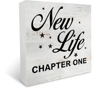 New Life Chapter One Wooden Box Sign with Saying Desk Decor Wedding Box Sign Rustic Art Home Decor for Shelf Table 5x5 Inches