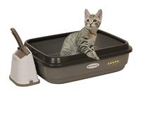 New Life Open Cat Litter Tray with Rim 40 x 50 x 15 cm Set with Litter Scoop and Hygiene Container 100% Recycled Material For a Greener Environment Light Grey