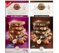 New Lint Les Grandes Chocolate Bar with 34% Fruit & Nut, Milk and Dark 150g, Filled with Roasted Hazelnuts Suitable For Vegetarian Perfect for Christmas & New Year (x2, Dark & Fruit and Nut)