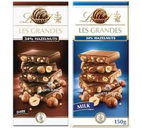New Lint Les Grandes Chocolate Bar with 34% Fruit & Nut, Milk and Dark 150g, Filled with Roasted Hazelnuts Suitable For Vegetarian Perfect for Christmas & New Year (x2, Milk & Dark)