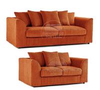 New Luxor Orange Fabric Sofa Suite 3 Seater and 2 Seater Soft Jumbo Cord Scatter Back Sofa Set For Living Room