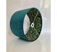 New Luxury high Quality Peacock Feather Pattern and Teal Velvet Double Sided Drum lamp Shade Pendant Light Shade (30cm d x 21cm h)