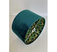 New Luxury high Quality Peacock Feather Pattern and Teal Velvet Double Sided Drum lamp Shade Pendant Light Shade (25cn d x 21cm h)