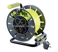Masterplug Open Cable Reel Pro-XT 4 Socket 13A 50m Green - Winding Handle & Thermal Cut-Out