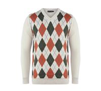 New Men Knitted Long Sleeve Classic V-Neck Argyle Pattern Jumper Top Sweater with Ribbed Edge S-XXL[Stone-Rust,L ]