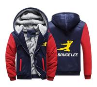 New Mens Casual Hoodies for Bruce Lee Fleece Lining Jackets Coats Full Zip Up Sweatshirts Pullover Fall Winter Outerwear Tops-Red Blue||L