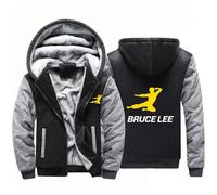 New Mens Casual Hoodies for Bruce Lee Fleece Lining Jackets Coats Full Zip Up Sweatshirts Pullover Fall Winter Outerwear Tops-Black Gray||S
