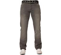 New Mens ENZO Stonewash Straight Regular Fit Classic Basic Denim Jeans Pants with Free Belt (42W x 32L, Grey)