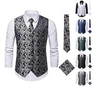 New Men's Floral Blazer Waistcoat Sets Gentleman's Formal Printed Vest Suit with Tie Square Towel 3PCS, Mens Classic Slim Fit Suit Vest Single-Breasted Casual Wedding Business Party Vest Waistcoat