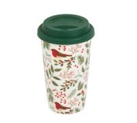 New Merry Robin Ceramic Travel Mug with Silicone Lid, Keeps Drinks Hotter for Longer, an All Over Print of Charming Robins Perched Among Evergreen Foliage, Perfect for Keeping Your Tea - White