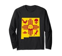 New Mexico State Map with Zia Symbol and Famous Icons Long Sleeve T-Shirt