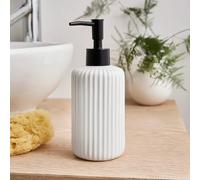 New Modern And Durable White Ceramic Ribbed Soap Lotion Dispenser Stylish Ribbed Design With Black Robust Plastic Pump Any Bathroom or Kitchen Countertop Decor - M65