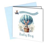 New Mummy Daddy Congratulations Greeting Card, Welcome to the World Baby Boy, Blue Bunny Design, Blank Inside, 350gsm #1817