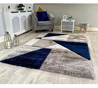 NEW NAVY GREY SILVER SILKY SOFT SHAG PILE RUG TRIANGLE DESIGN CONTEMPORARY SHAGGY MAT (120x170cm)