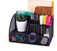New Office Storage Simple Houseware Mesh Desk Organizer with Sliding Drawer, Five Slot File and Upright Sections, Space-saving Functionality (Black)