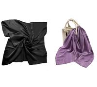 New Pack of 2 Satin Solid Plain Silk Shiny Scarf Hijab Square Head Neck Wrap 90x90 cm… (Black-Mauve)