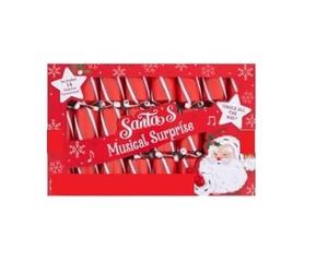 New Pack of 8 Santas Musical Surprise Crackers In Classic Stripe Pattern and A Musical Surprise Inside, Also With 14 Tunes to Play So You Can Elevate Any Festive Gathering - Red