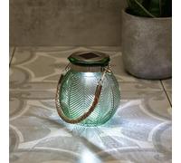 New Palm House Solar Glass Lantern - Green , Stylish Solar-Powered Garden Lantern with Auto On at Dusk & Rechargeable Battery - No Wiring Required A-36