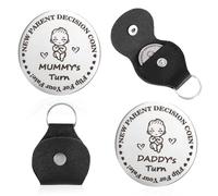New Parents Decision Coin,Funny Newborn Baby Gifts,Double-Sided Flip Decision Coin with Leather Keychain,Stainless Steel Silver Coin for Couples Flip Coin Pregnancy Gift for First Time to Be Dad Mom
