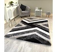 NEW PINK MUSTARD NAVY BLACK RED EMERALD ORANGE LUXURIOUS THICK PILE MODERN SOFT SILKY CONTEMPORARY SHAGGY RUGS MATS UK (120x170cm, Black Lines)