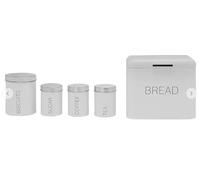 New Powder Coated Steel Super White 5 Piece Storage Set and Each canister is labelled,Bread Bin 30.5cm, Biscuit Tin 14cm, Tea/Coffee/Sugar Tins 11cm.