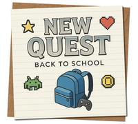 New Quest Back to School Card - Gamer Design, 145mm x 145mm Square, Includes Kraft Envelope