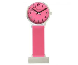 NEW RAVEL STAINLESS STEEL NURSE FOB WATCH PINK DIAL EASY READ, SILICONE STRAP