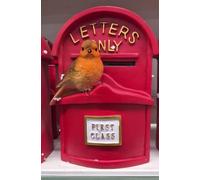 New Red Mailbox Ornament, With the Words “LETTERS ONLY” Embossed in Gold At the Top and A Small Plaque Reading “FIRST CLASS” On the Front, A Home Décor Accent Piece, A Gift for Bird Lovers.