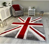 NEW RED WHITE GREY UNION JACK FLAG DESIGN LUXURIOUS THICK PILE RUG MODERN SOFT SILKY CONTEMPORARY SHAGGY RUGS MATS UK (150x210cm)