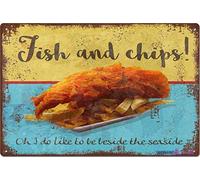 New Retro Metal Tin Sign|Fish and Chips Seaside Vintage Sign Door Plaque Sign|Home Club Bar Decorative Metal tin Sign 8x12 Inches
