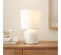 New Ribbed Ceramic Table Lamp - Modern Fabric Shade - E14 SES Fitting - Inline Switch - 4W Max - Compact Bedside or Desk Light M-01 (White)