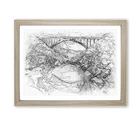 New River Gorge Bridge Sketch Modern Art Framed Print | A4 Oak Framed Wall Art | Ready to Hang | Modern Cityscape Picture | Living Room Bedroom Lounge Office