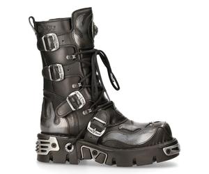 New Rock 107-S2 Black/Silver Gothic Leather Flame Boots
