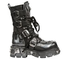 New Rock 107-S2 Black/Silver Gothic Leather Flame Boots - Black 46