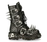 New Rock 1535-S1 Black Leather Military High Boots Metal Spikes Buckles Punk EMO - EU 45