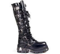 new rock 272 Metallic Black Goth Knee High Zip Leather Buckle Boots Punk Emo