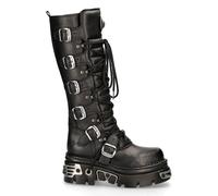 New Rock 272-S1 Metallic Black Goth Knee High Zip Boot Leather Buckle Boots