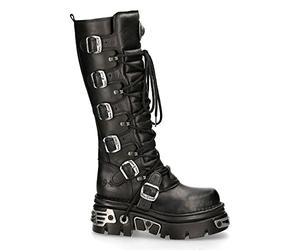 New Rock 272-S1 Metallic Black Leather Gothic Emo Knee High Boots with Lace and Buckle Fastening 6