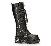 New Rock 272-S1 Metallic Black Leather Gothic Emo Knee High Boots with Lace and Buckle Fastening 9