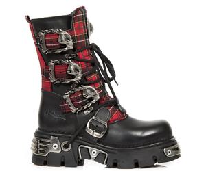 New Rock 391T-S1 Black Leather Tartan Gothic Boots Punk EMO Military