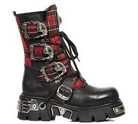 New Rock 391T-S1 Black Leather Tartan Gothic Boots Punk EMO Military - Black 9 UK