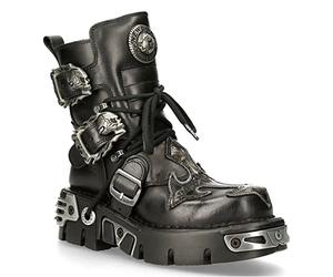 New Rock 407-S1 Silver Cross Buckle Ankle BOOTS Black Leather Gothic Punk Biker Fashion Shoes