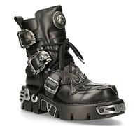 New Rock 407-S1 Silver Cross Buckle Ankle BOOTS Black Leather Gothic Punk Biker Fashion Shoes 7