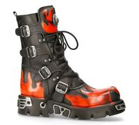 New Rock 591-S1 Red Flame Metal Black Leather Heavy Punk Gothic Boots