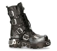 New Rock 591-S2 Silver Flame Boots Metal Black Leather Heavy Punk Gothic Boots