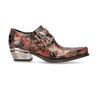 New Rock 7960-S5 Shoes Embossed Vintage Black, Red Leather Buckle Steel Heel