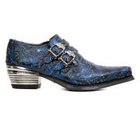 New Rock 7960-s7 Shoe Embossed Vintage Blue Leather Buckle Steel Heel Shoes
