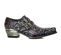 NEW ROCK 7960-S8 Shoe EMBOSSED VINTAGE Black Leather Buckle Steel Heel Shoes - EU 41